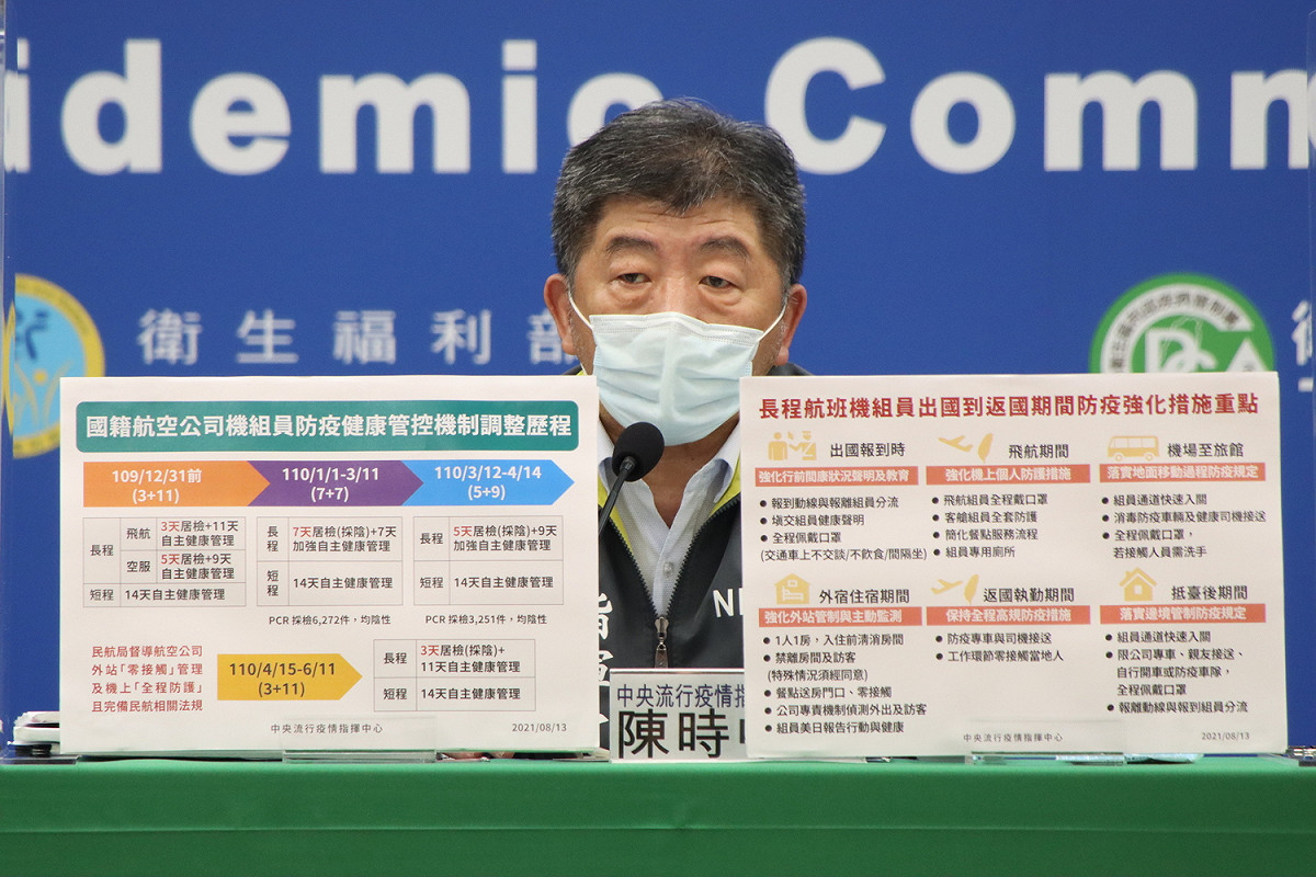 指揮中心指揮官陳時中今秀出圖卡解釋機組人員檢疫措施調整歷程，並再次說明3＋11非防疫破口原因。 圖：指揮中心/提供