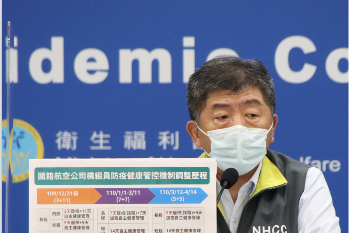 陳時中今秀出圖卡，說明3＋11機組人員檢疫措施的延革與其相關。 圖：指揮中心/提供