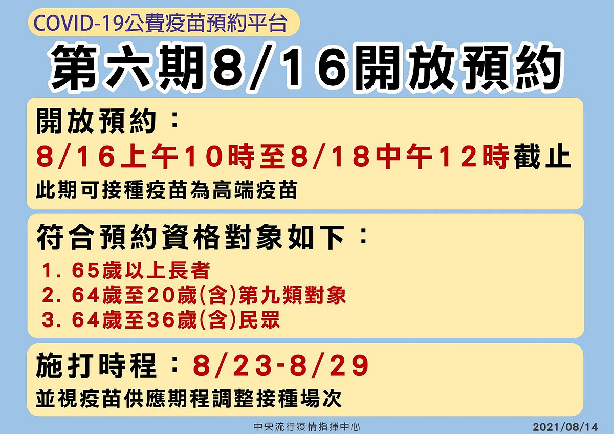 疫苗預約平台第六輪開放接種高端疫苗，3類對象可預約接種。 圖：中央流行疫情指揮中心／提供
