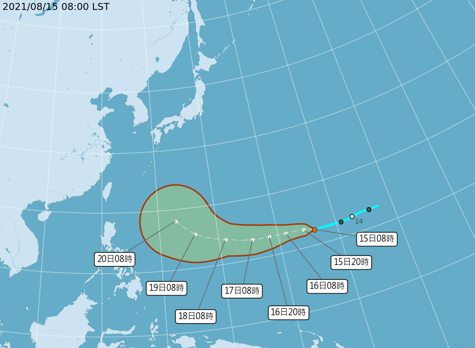 中央氣象局表示，關島東方海面生成熱帶性低氣壓，未來有機會發展成颱風。 圖：翻攝自中央氣象局。