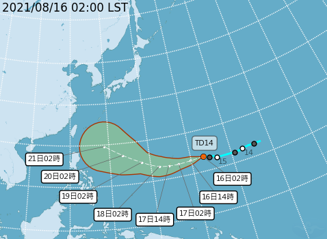 在關島的熱帶性低氣壓TD14，16日2時的中心位置在北緯13.5度，東經153.0度，正以每小時29公里速度，持續向西北西進行。 圖：中央氣象局/提供