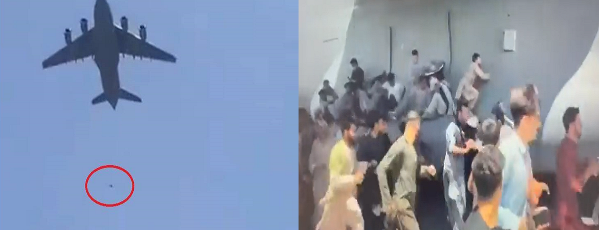 大批民眾湧向喀布爾國際機場試圖出境，外媒稱至少有3人從飛機上墜落斃命。 圖：翻攝推特