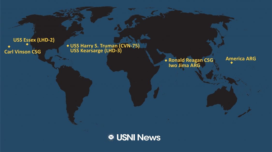 美國海軍學會新聞網(USNI)報導美軍艦群在全球分布狀況。 圖：翻攝美國海軍學會新聞網