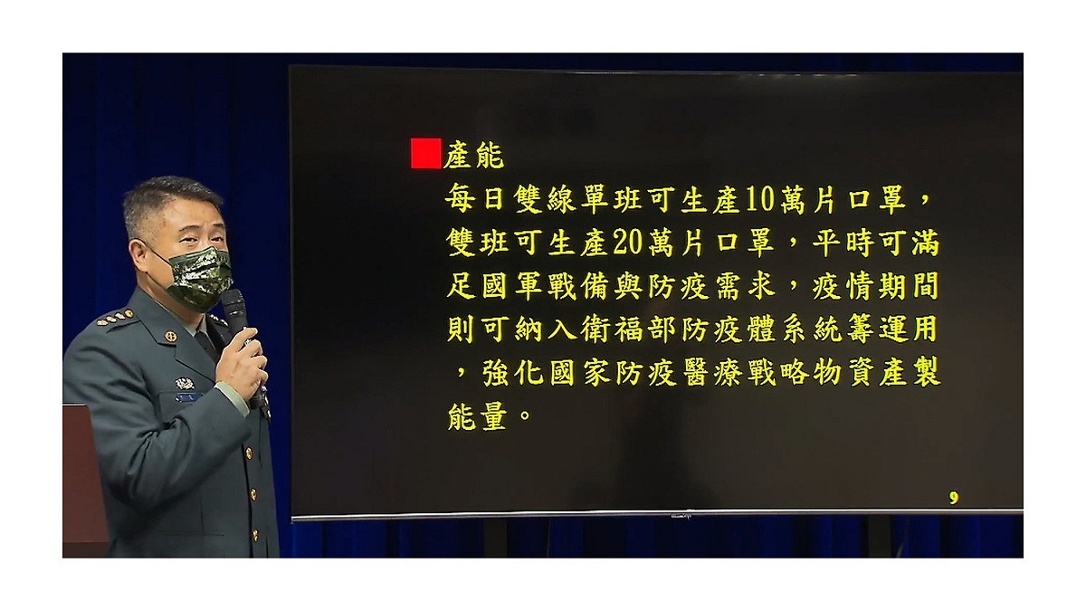 王文宏：單日最高生產20萬片口罩 圖：取自國防部發言人臉書直播截圖