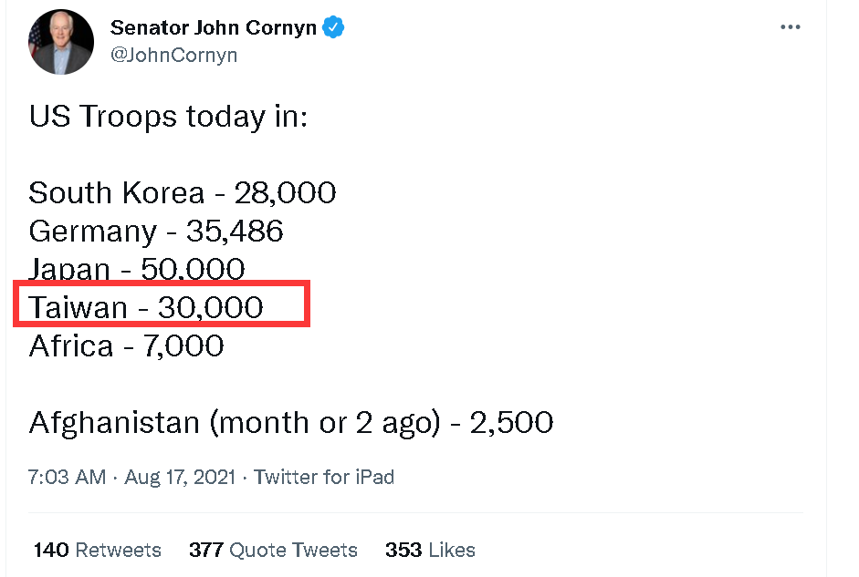 美國共和黨參議員約翰．康寧17日一則推特引發爭議，指在台美軍人數高達3萬人。 圖：翻攝Senator John Cornyn推特