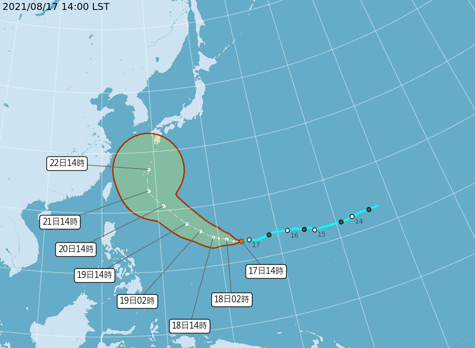 氣象局預估，熱帶低壓TD14可能在20日、21日大幅度北轉。 圖：中央氣象局／提供