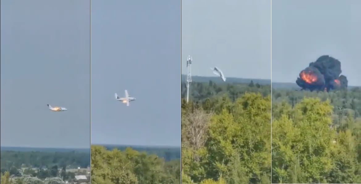 俄羅斯軍方1架載有3人的伊留申-112新型運輸機原型機(Il-112V)，17日在莫斯科試飛時，飛機機翼突然著火後墜落。 圖：翻攝 Новая Газета推特