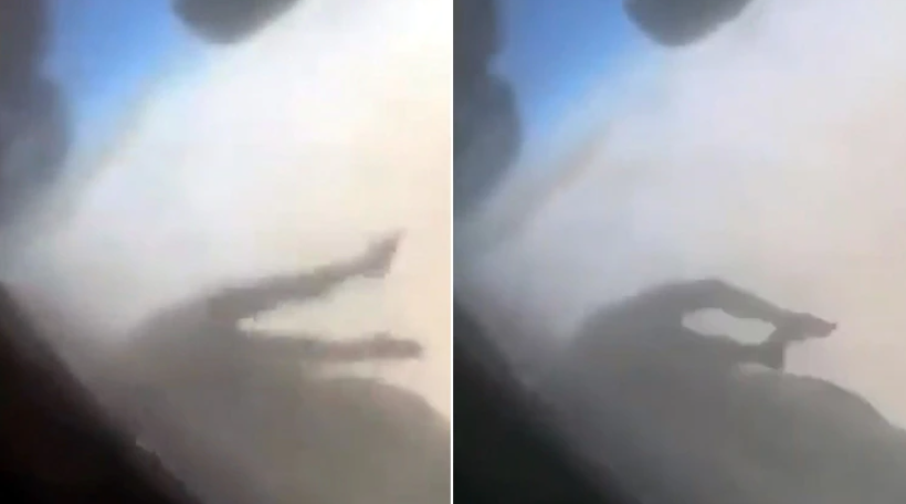 阿富汗難民被飛機起落架艙門夾住，屍體在空中劇烈擺動。 圖：翻攝推特