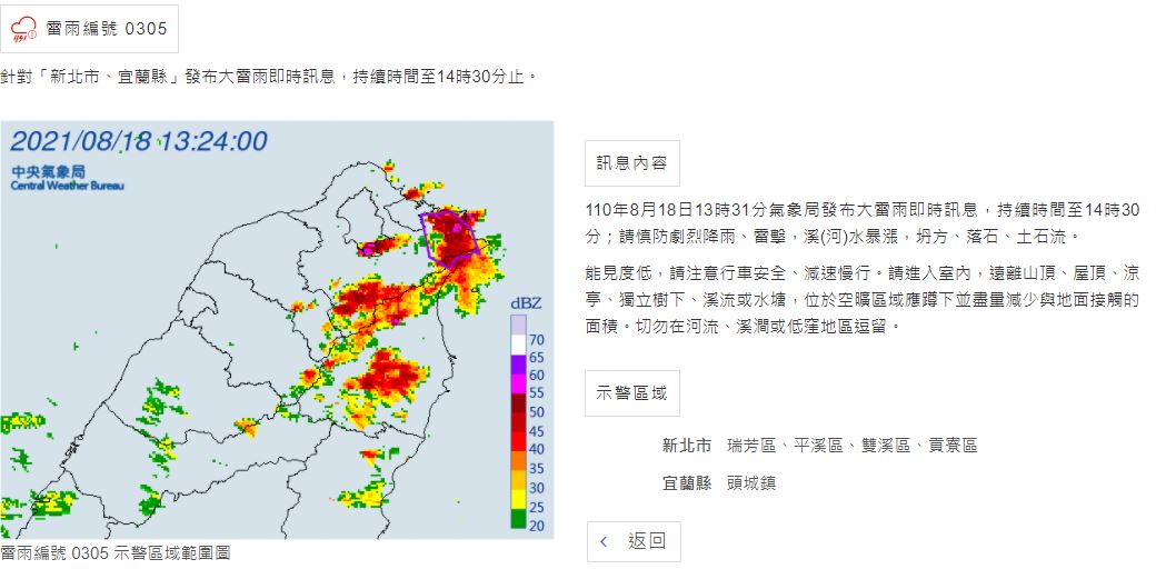氣象局對新北、宜蘭發布大雷雨即時訊息。 圖：中央氣象局／提供