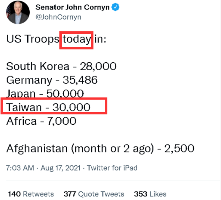 約翰·科尼在當地時間周二發布了一則宣稱台灣「如今」有3萬美國駐軍的文章，又在隨後將文章刪除。 圖：翻攝自推特