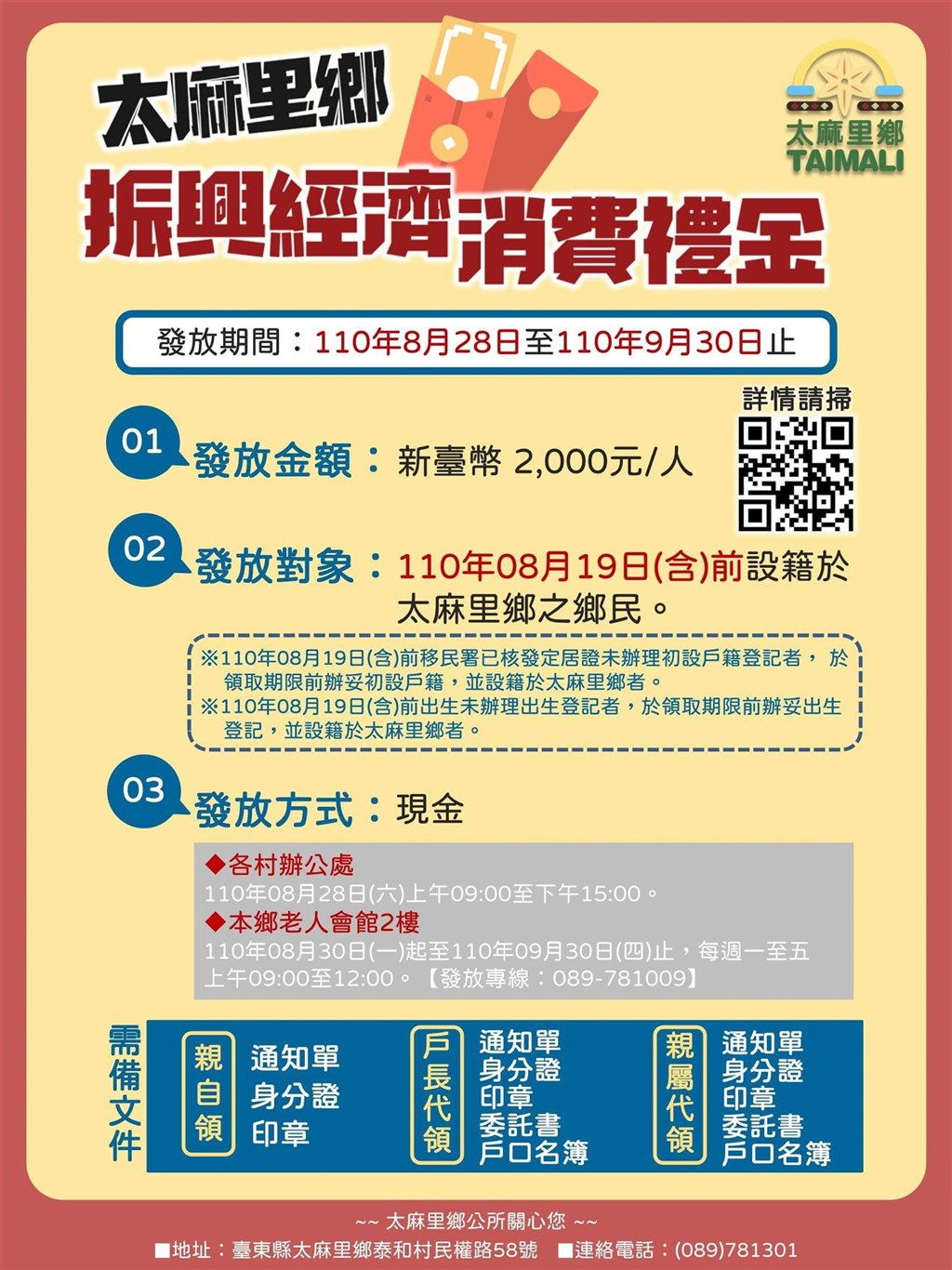 台東縣太麻里鄉公所今(19)日下午透過臉書宣布，鄉公所將發放每人新台幣2000元的振興經濟消費。 圖:太麻里鄉公所