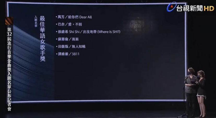 金曲獎最佳華語女歌手獎入圍名單。 圖：翻攝自台視