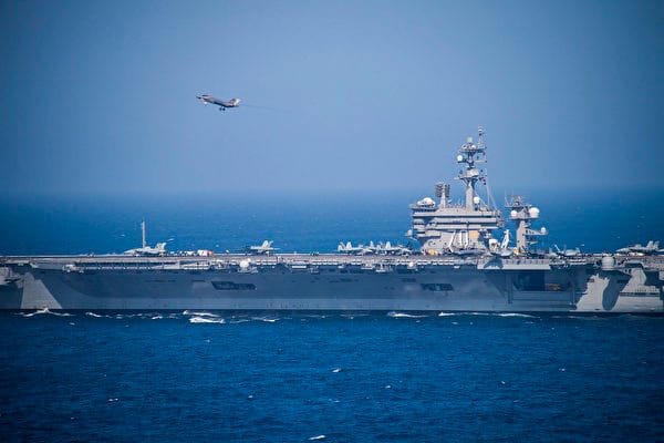 2020年9月16日，F-35C閃電II（Lightning II）飛機飛行在卡爾‧文森號航母（CVN-70）上方，擬完成駕駛艙認證與航空母艦交通控制中心認證。 圖：翻攝自美國海軍