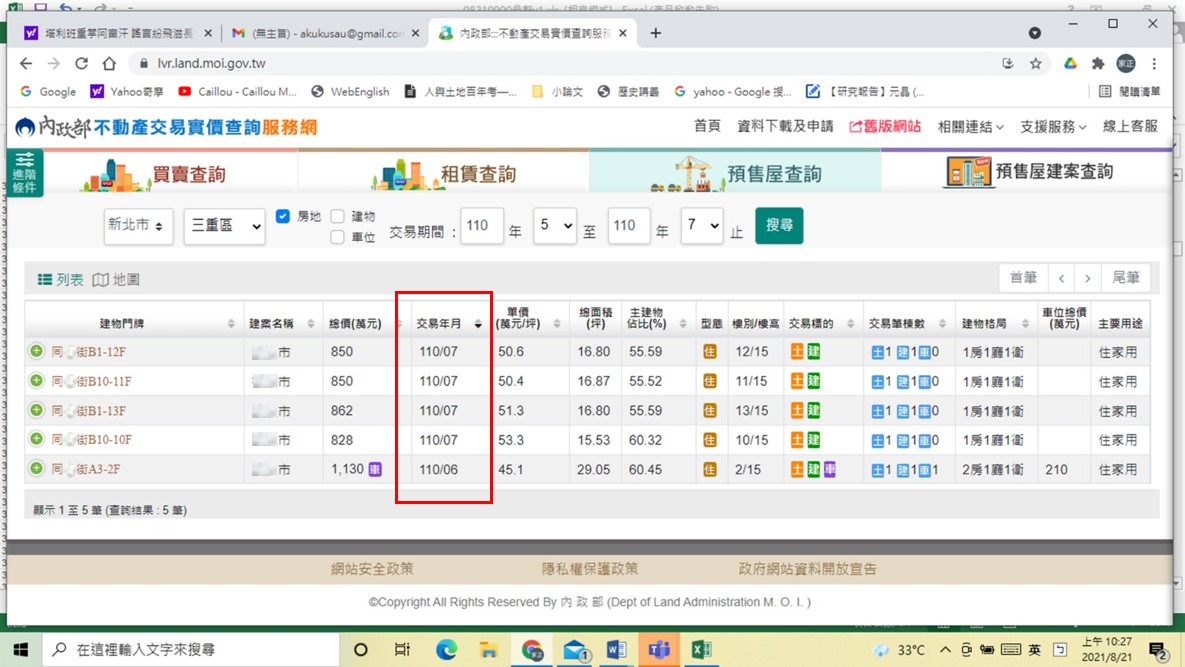 圖為內政部實價登錄查詢網站。 圖：內政部提供