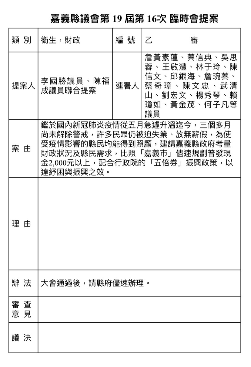 嘉義縣議員提案連署，要求縣府比照嘉義市普發現金2000元以上，連署議員陸續增加中。 圖：嘉義縣議員詹琬蓁/提供