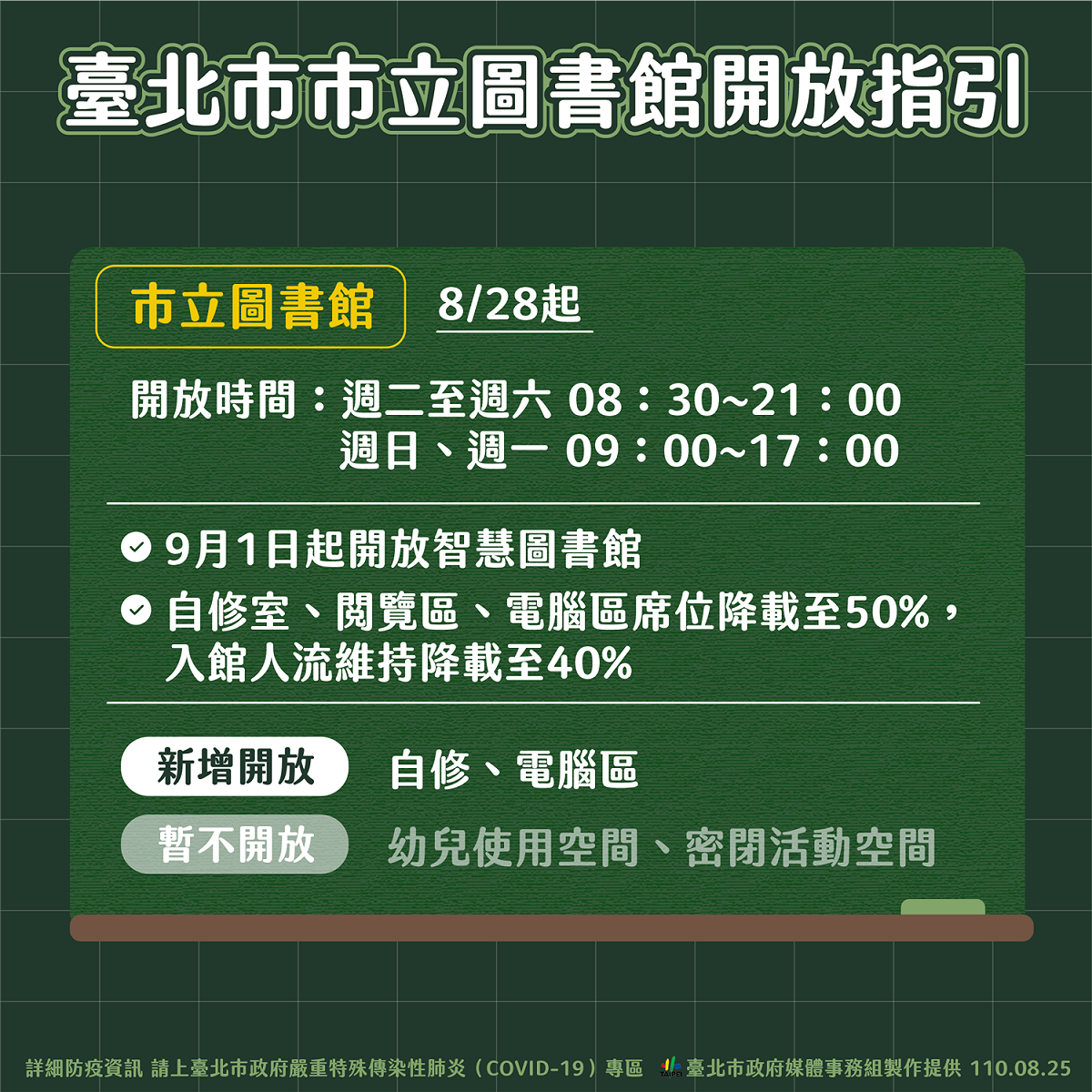 台北市立圖書館開放指引。 圖：台北市政府 / 提供