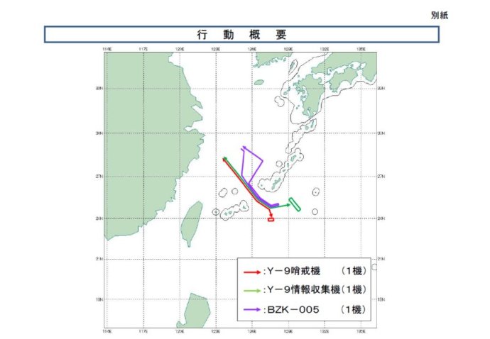 日本防衛省統合幕僚監部通報25日有3架中共軍機通過沖繩和宮古島間進入西太平洋空域。 圖：翻攝防衛省統合幕僚監部推特