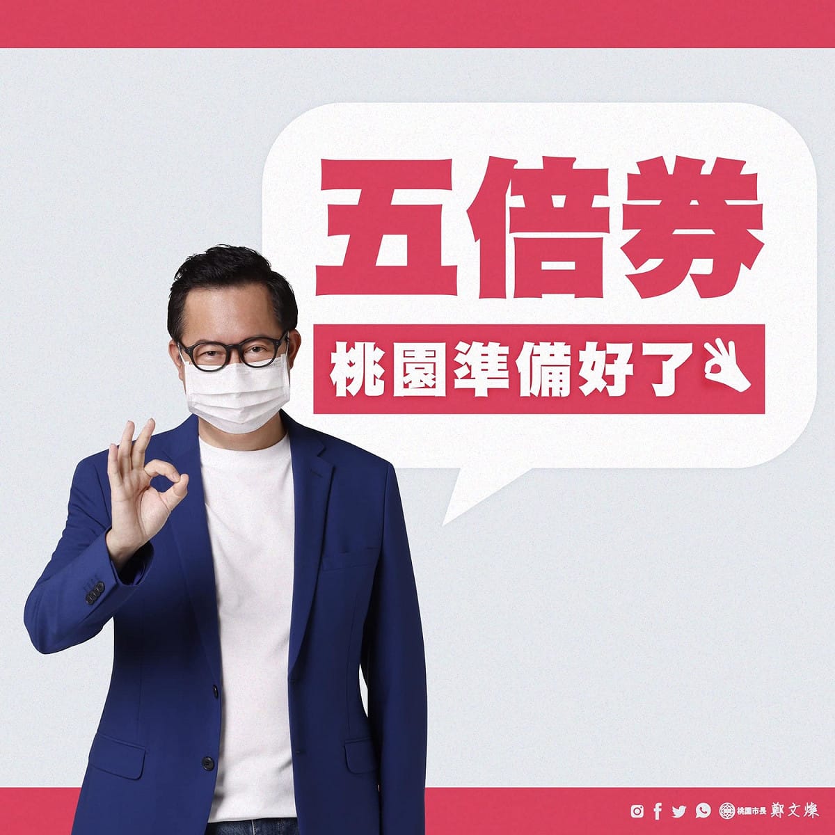 桃園市振興券加碼暖身活動的海報上，市長鄭文燦戴上黑框眼鏡與口罩，身穿韓版藍色西裝，內搭簡單的白色T恤，髮型也變得俐落，驚呆網友與市民。 圖：翻攝自鄭文燦臉書