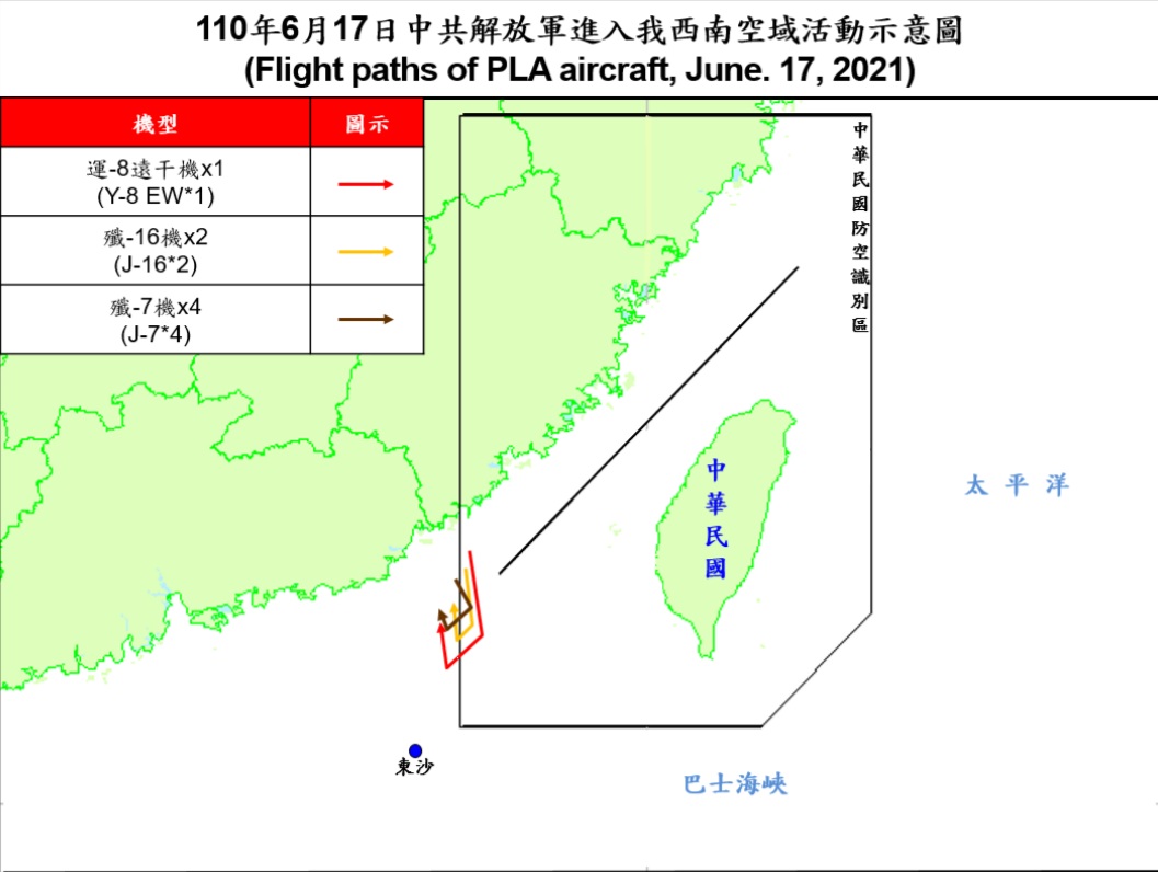 解放軍「殲-7」戰機6月17日侵擾，短暫進入西南防空識別區随即返航。 圖：國防部提供