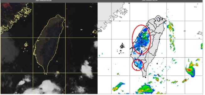 吳德榮表示，今晨4時真實色衛星雲圖(左圖)顯示，各地晴朗無雲。4時雷達回波合成圖(右圖)顯示，西部陸地有因大氣穩定而呈現的假波(紅圈內)。 圖/「三立準氣象．老大洩天機」專欄