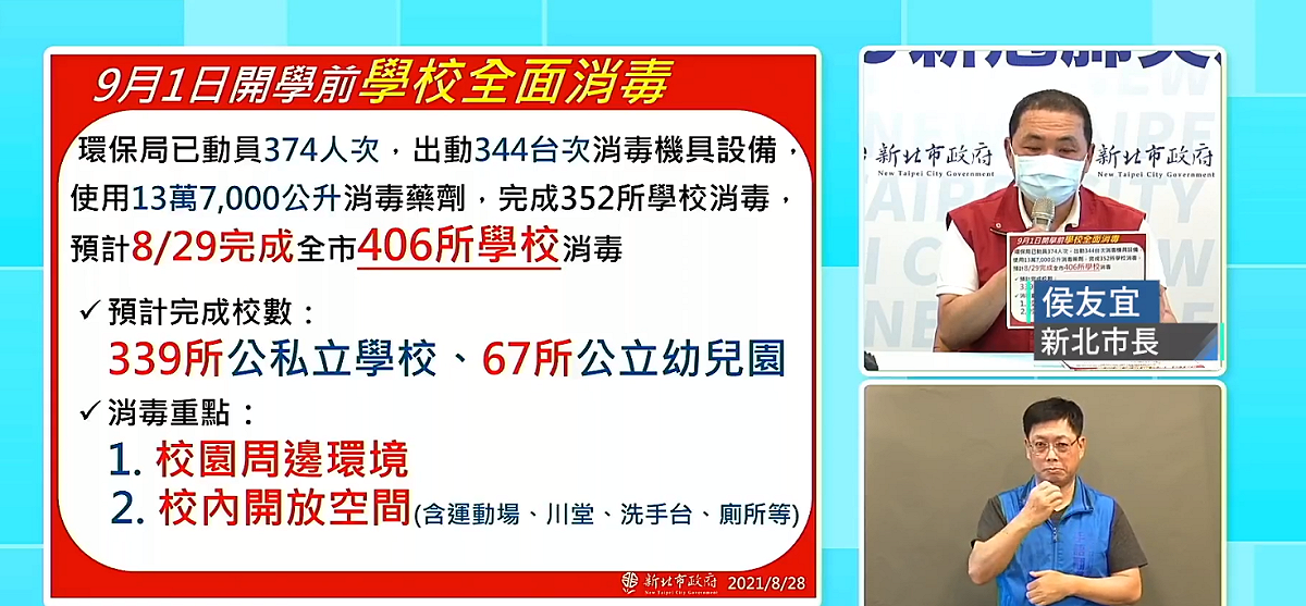 新北市長侯友宜今(28)在疫情說明會上公佈開學6大指引。 圖: 翻攝自侯友宜臉書