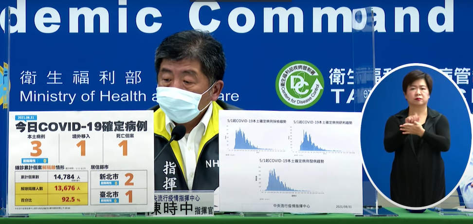 指揮中心指揮官陳時中說明今（8/31）武漢肺炎確診個案狀況。 圖：翻攝於指揮中心直播畫面
