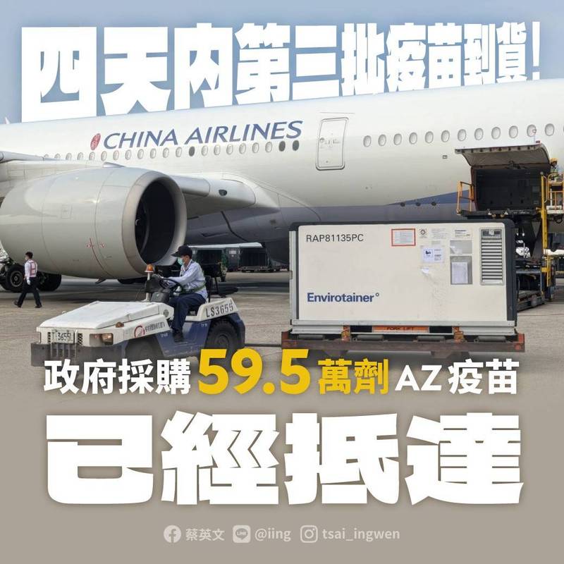 蔡英文表示，今天下午政府採購的59.5萬劑AZ疫苗已經抵達，這是4天內第3批疫苗到貨。 圖：翻攝臉書