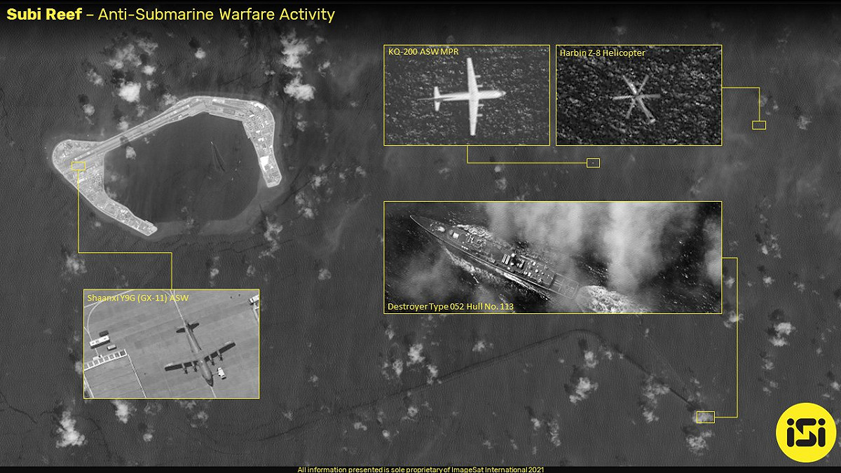 衛星影像提供公司「ISI」1日PO出一張渚碧礁附近的軍事活動影像，顯示中國解放軍已將該人工島「全面軍事基地化」。 圖：翻攝 ImageSat Intl.推特(資料照片)