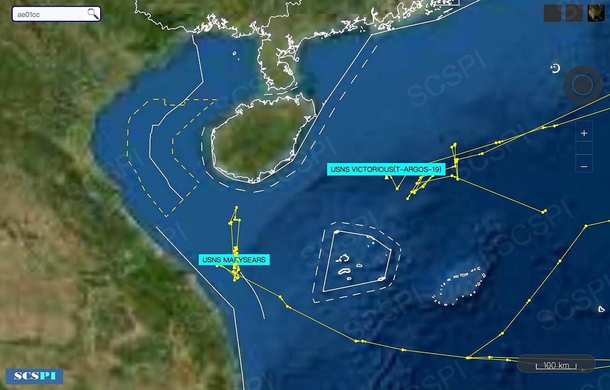 中國智庫「南海戰略態勢感知計劃平台」指控美軍2艘海洋監視艦一直在西沙群島和海南島附近作業。 圖：翻攝 SCS Probing Initiative推特