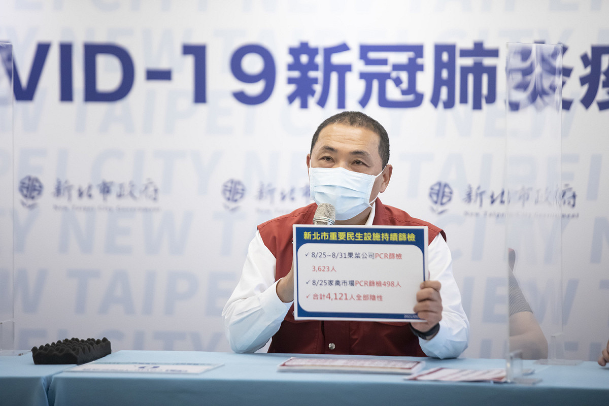 侯友宜說明新北市果菜市場及家禽市場上周再度全面普篩，4121人篩檢全數陰性。 圖：新北市政府/提供