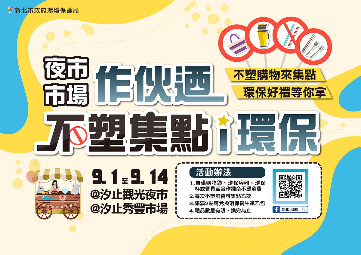 新北市環保局舉辦「夜市、市場作伙迺+不塑集點i環保」活動，自即日起至9月14日止，只要自備購物袋、環保容器或餐具等，即可享有折價或兌換活動喔! 圖：新北市環保局提供