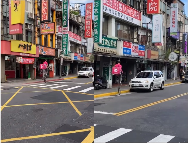 熊貓外送員揹著外送箱，逆向騎著高腳獨輪單車在路上，掀起網友討論。 圖:翻攝自路上觀察學院臉書