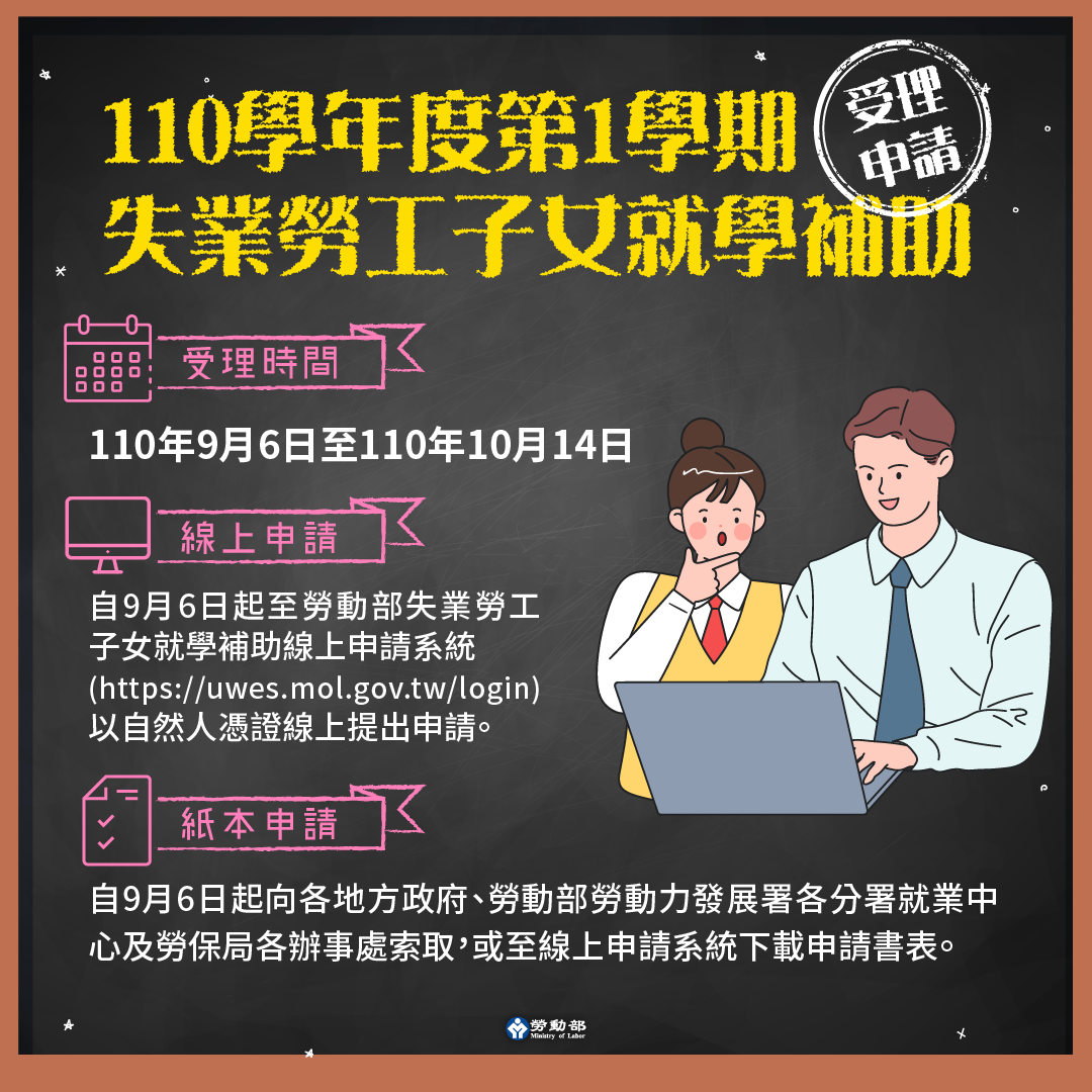 勞動部推出「失業勞工子女就學補助」，減輕非自願離職、失業勞工的負擔。 圖：擷取自勞動部臉書