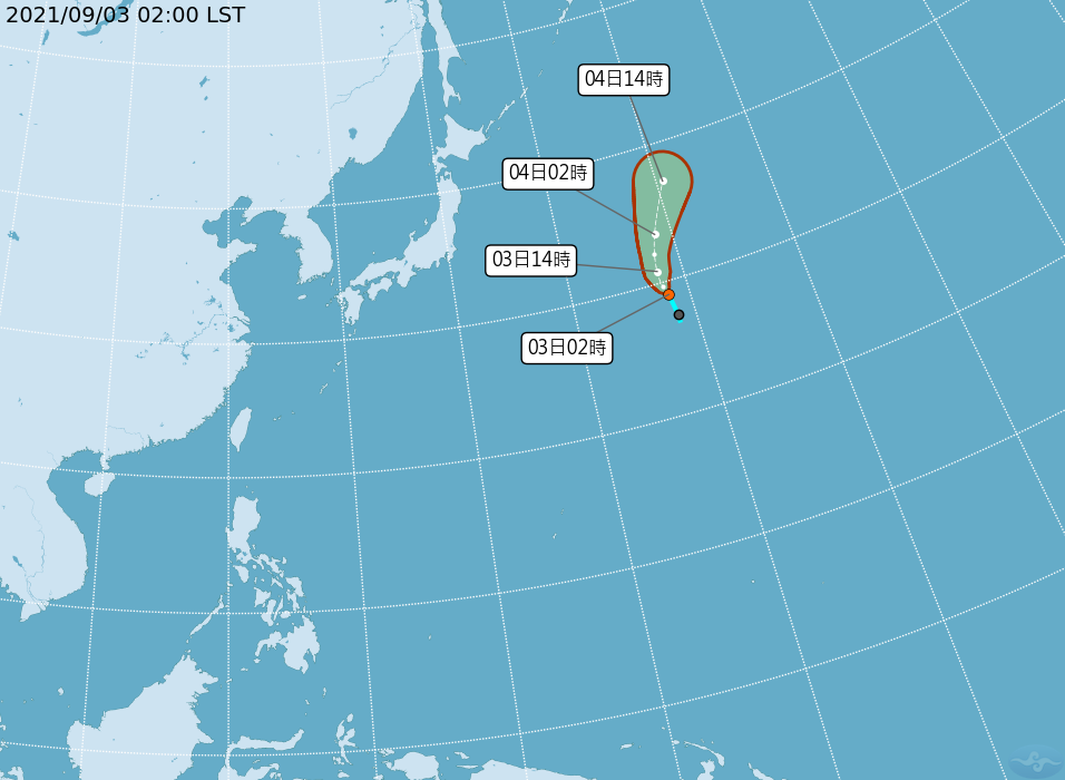 熱帶性低氣壓TD15，3日2時的中心位置在北太平洋威克島附近，正以每小時14公里速度，向北北西進行。 圖：中央氣象局/提供