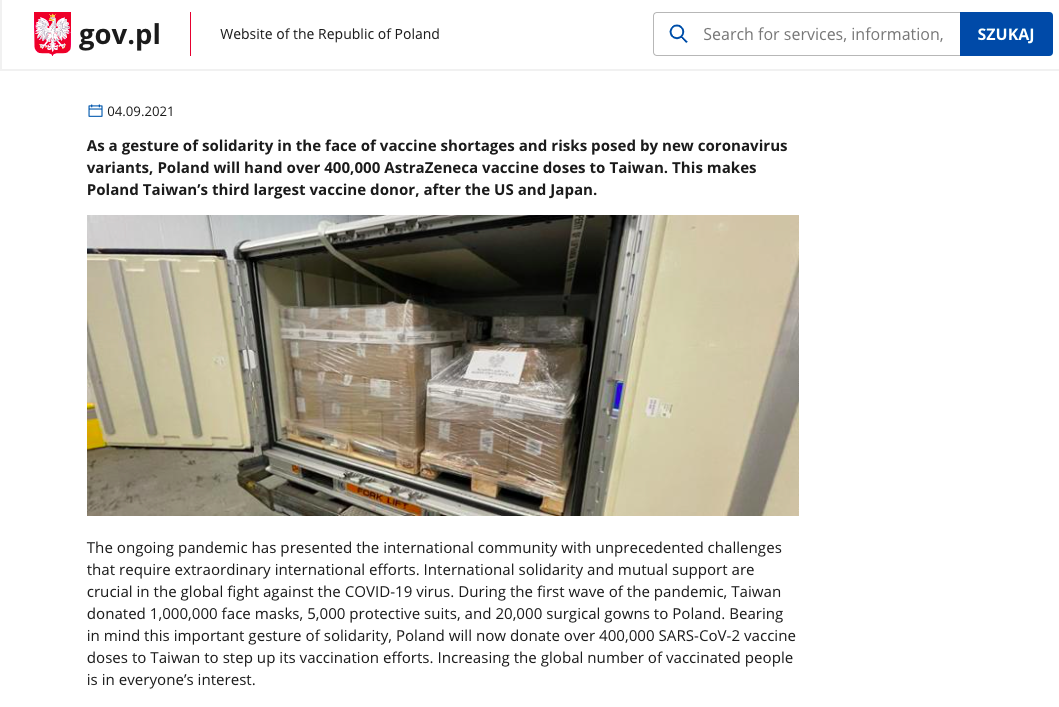 波蘭外交部在當地時間4日中午左右發布新聞稿指出，將向台灣捐贈40萬劑AZ疫苗。 圖：取自波蘭外交部官網