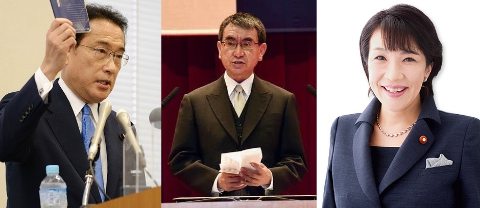 日本自民黨總裁改選，目前呼聲較高的包括前外務大臣岸田文雄（左圖起）、現任行政改革擔當大臣河野太郎，以及前總務大臣高市早苗。 圖：翻攝自個人官網/新頭殼合成