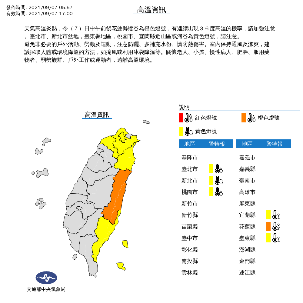今天中午前後，花蓮縣縱谷有連續出現36°C以上高溫機率；而台北市、新北市盆地、台東縣地區，桃園市，以及宜蘭縣近山區或河谷，也要小心熱傷害。 圖：中央氣象局/提供