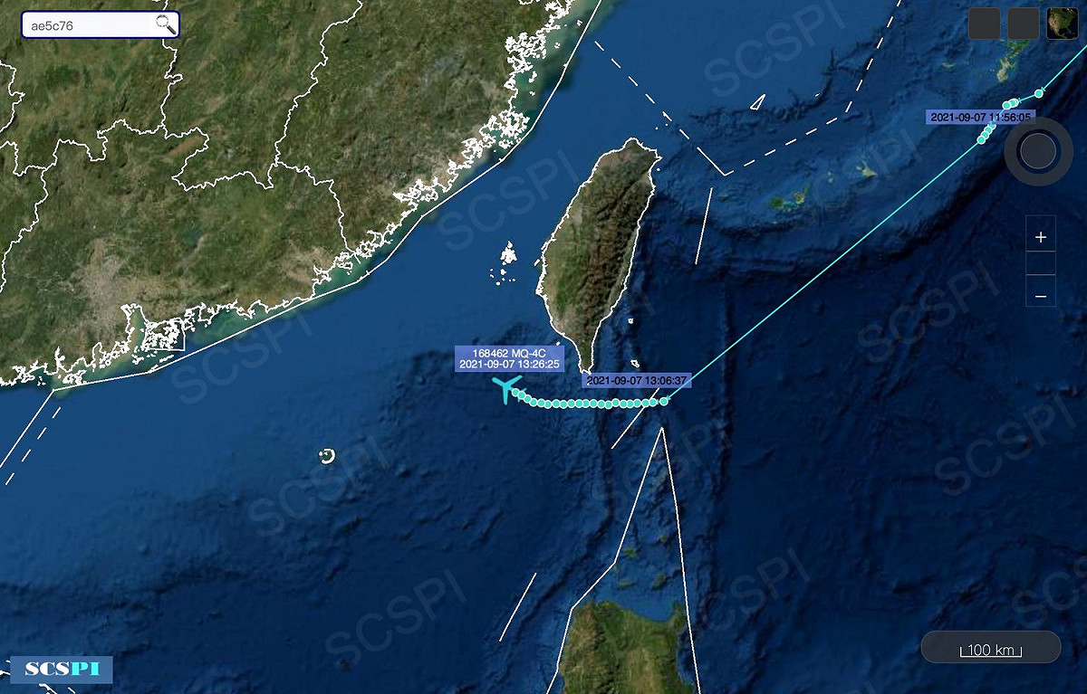 中國智庫「南海戰略態勢感知計劃平台」在推特發文，指美國海空軍7日動用4種機型5架次的偵察機在進入南海門戶前進行偵察。圖為MQ-4C航跡。 圖：翻攝SCS Probing Initiative推特