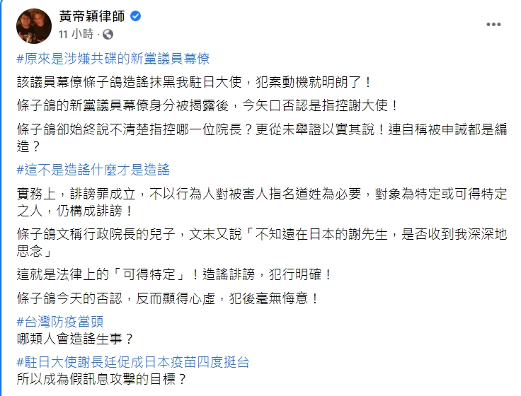 黃帝穎指出，條子鴿觸犯刑法的「誹謗罪」 圖：擷取自黃帝穎臉書