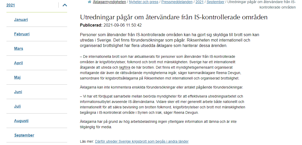 瑞典檢察官辦公室聲明全文。 圖：翻攝自Åklagarmyndigheten