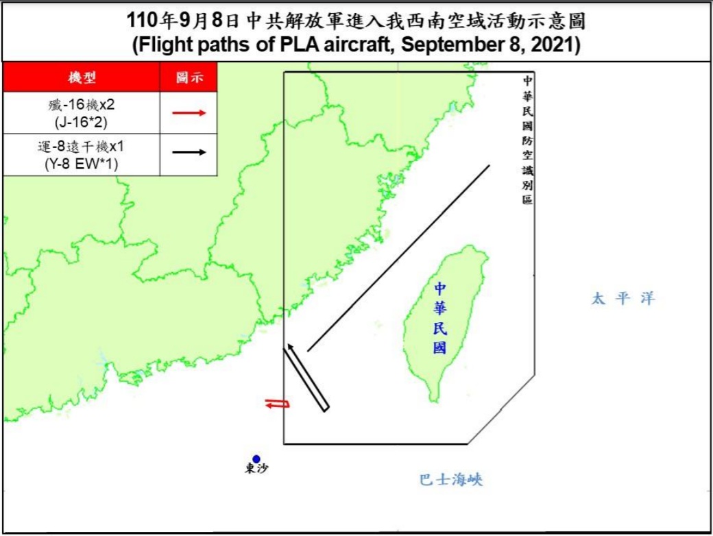 解放軍8日再派遣「殲-16」機2架次、「運-8」遠干機1架次襲擾台灣西南防空識別區。 圖：翻攝國防部《即時軍事動態》