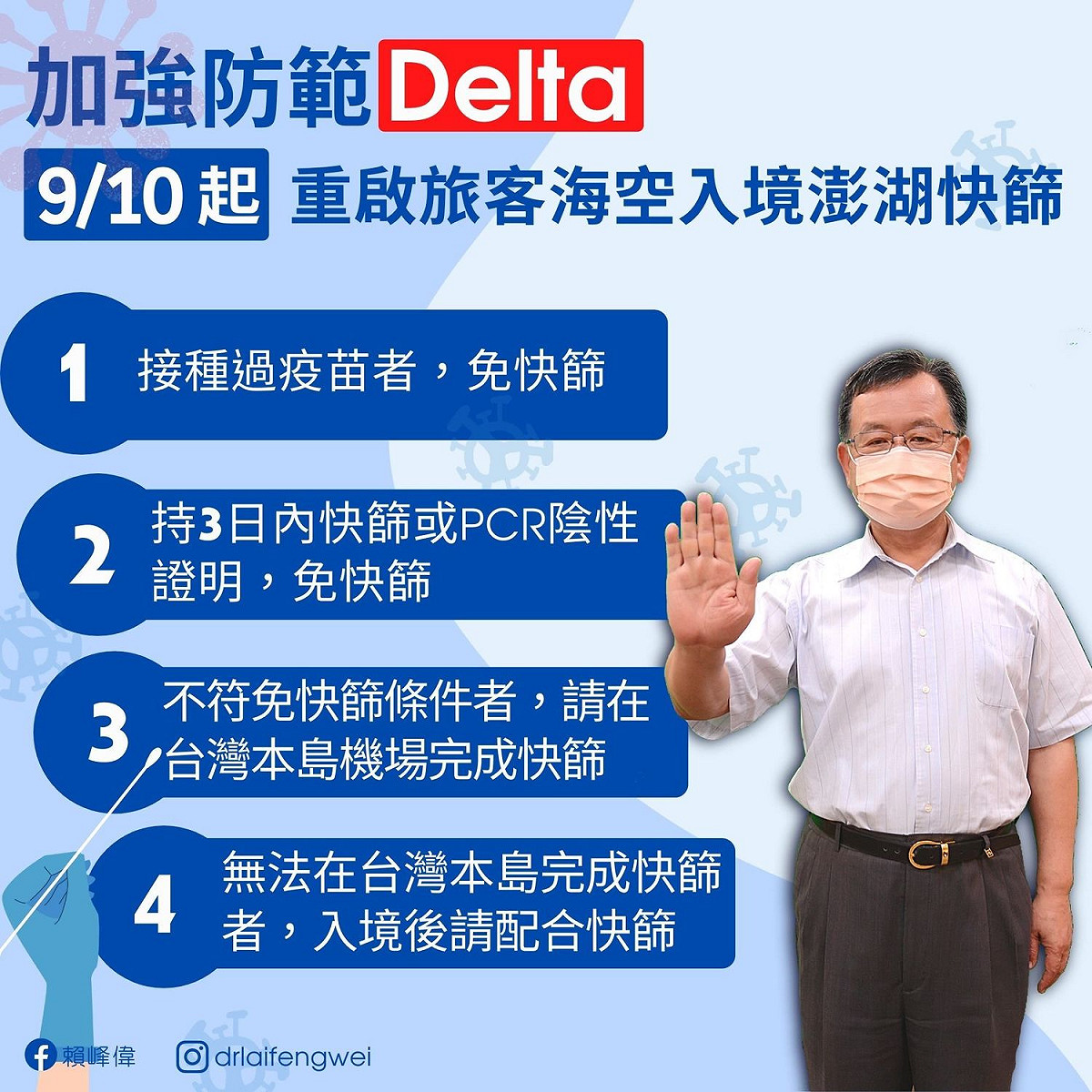 澎湖縣長賴峰偉宣布，從10日開始重啟機場及港口入境快篩，若是有打過疫苗或是持有3日內快篩、PCR陰性證明民眾可以不用快篩。 圖:澎湖縣政府提供