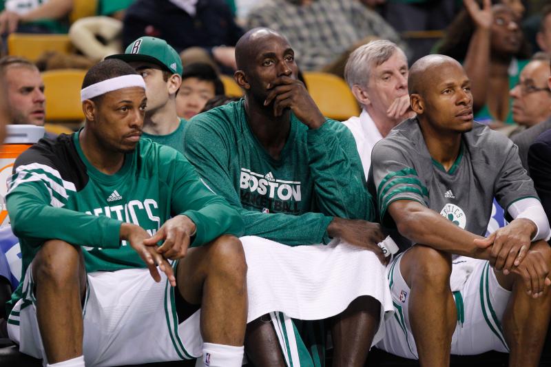 塞爾提克三巨頭Paul Pierce、 Kevin Garnett及Ray Allen。 圖／美聯社／達志影像