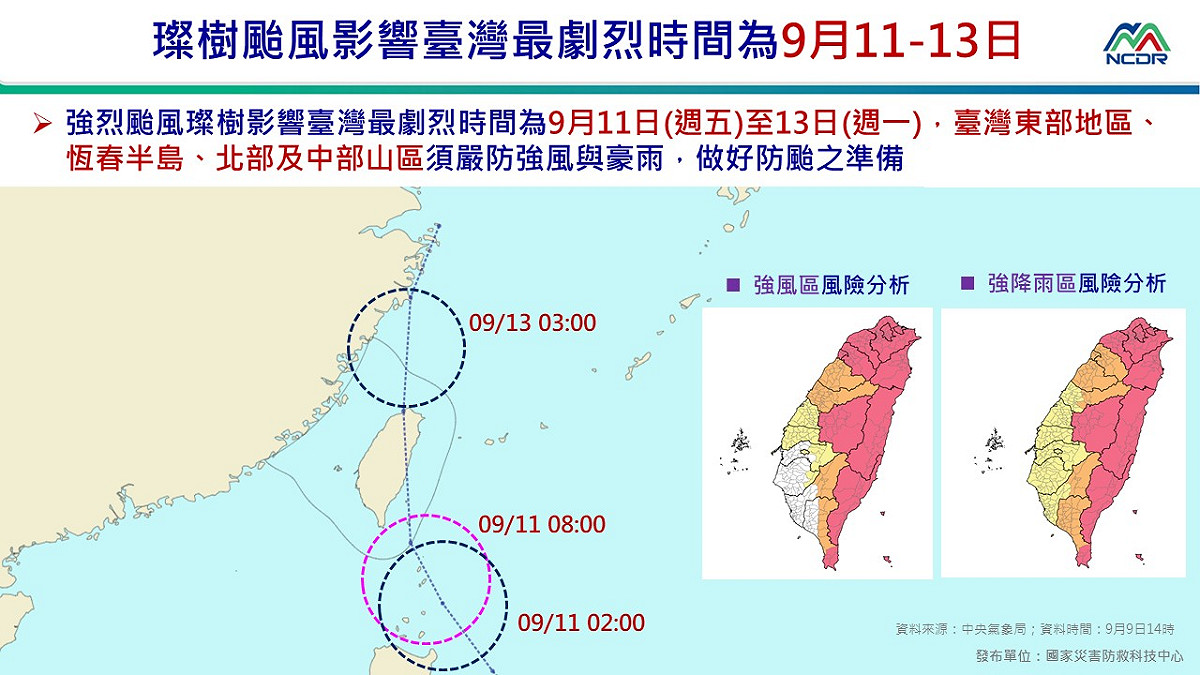璨樹颱風將於週末襲台，各地嚴防強風豪雨。 圖：國家災害防救科技中心／提供
