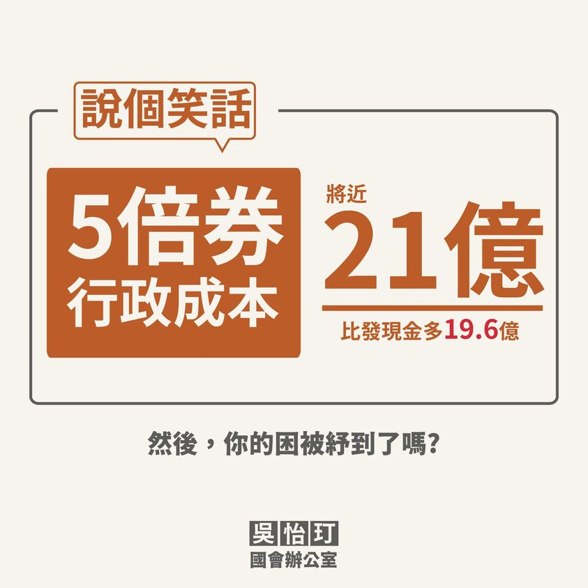 行政成本高達21億 她問 ： 印五倍券到底肥了誰？ 圖源:翻攝自吳怡玎臉書