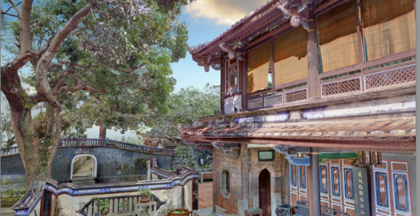 古蹟日透過360度環景搭配3D點雲建模影片虛擬遊板橋林園。 圖：新北市文化局提供