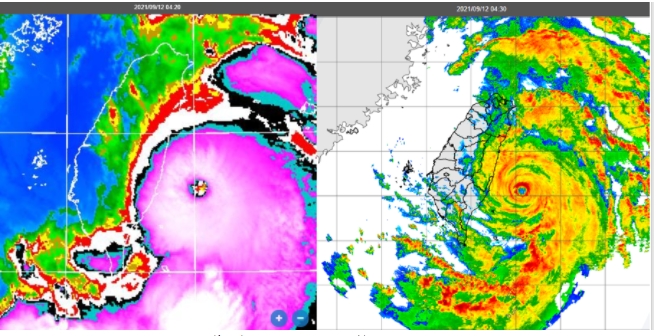 今(12日)晨4：20衛星雲圖仍可見清晰的颱風眼(左圖)，4：30雷達回波亦顯示其結構完整(右圖)。 圖/「三立準氣象．老大洩天機」專欄
