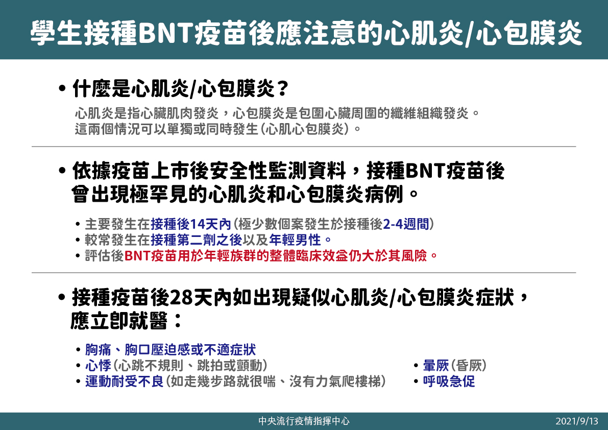 學生接種BNT應注意心肌炎及心包膜炎症狀。 圖：指揮中心／提供