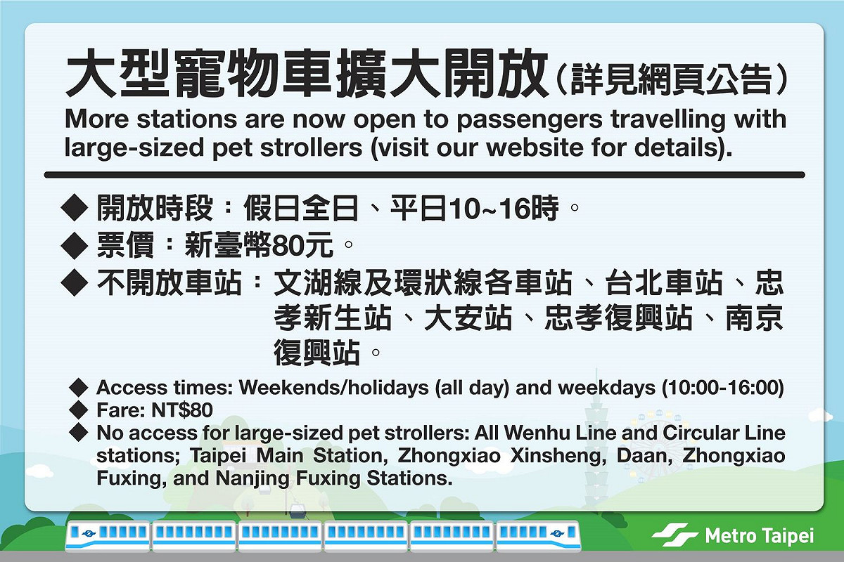 北捷9/15起擴大開放大型寵物車搭捷運。 圖：北捷／提供