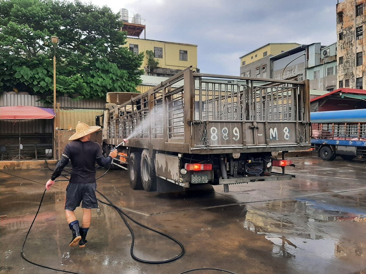 運豬車司機進行運輸車輛裝載箱籠平台消毒作業。 圖：新北市動保處提供